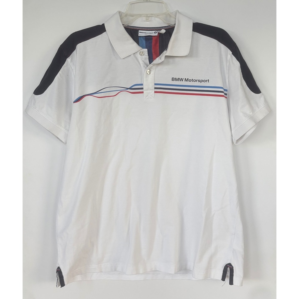 BMW Motorsport Polo Shirt Mens XL White Navy Blue M Racing Stripes Pique Cotton